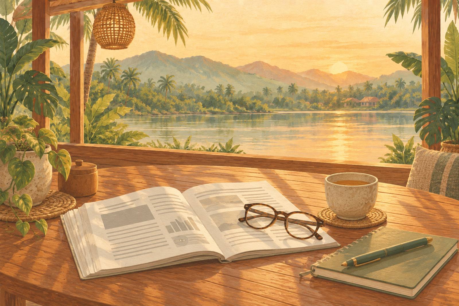 Printed research paper, reading glasses and a cup of tea on a wooden table