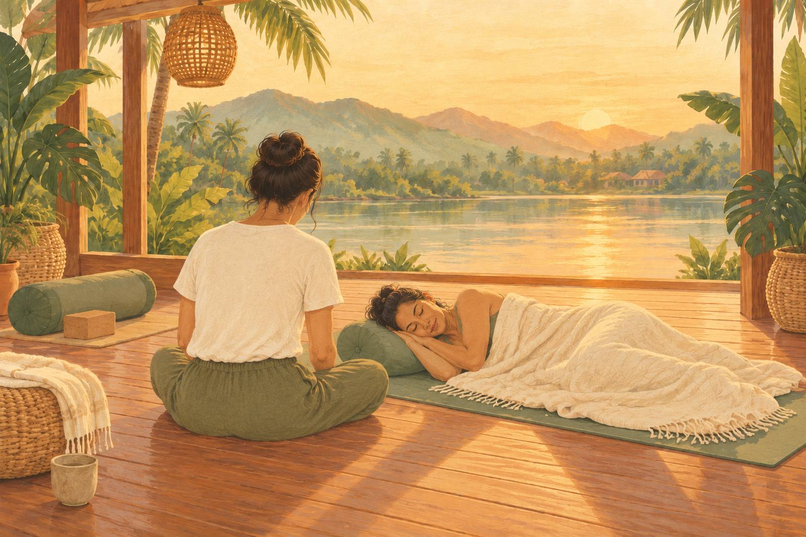 Practitioner sitting quietly near a woman resting on her side under a blanket