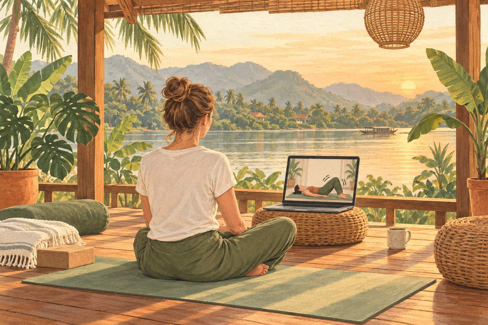 Woman sitting on a yoga mat following a TRE session on a laptop