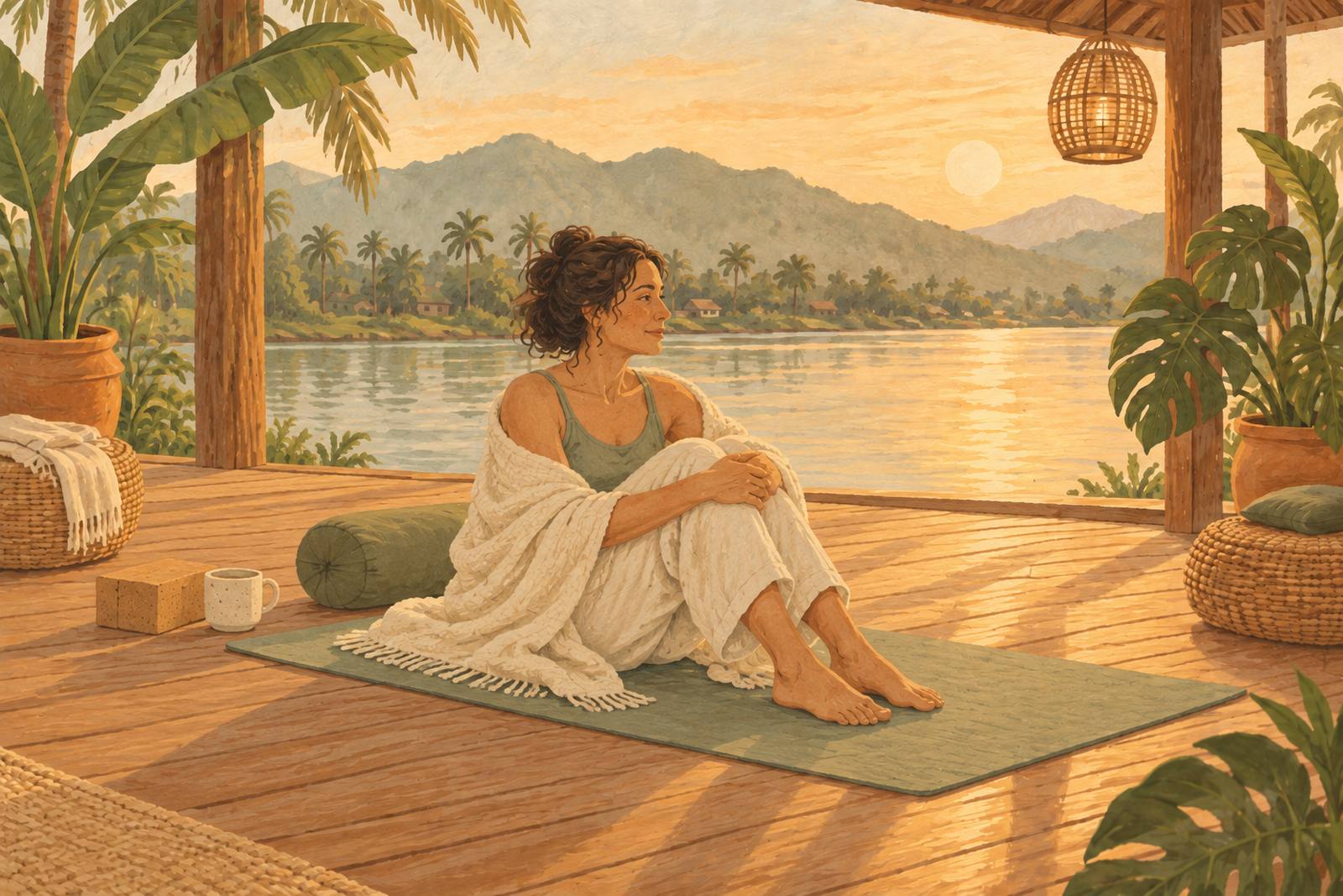 Woman sitting up calmly on her mat wrapped in a blanket after a practice