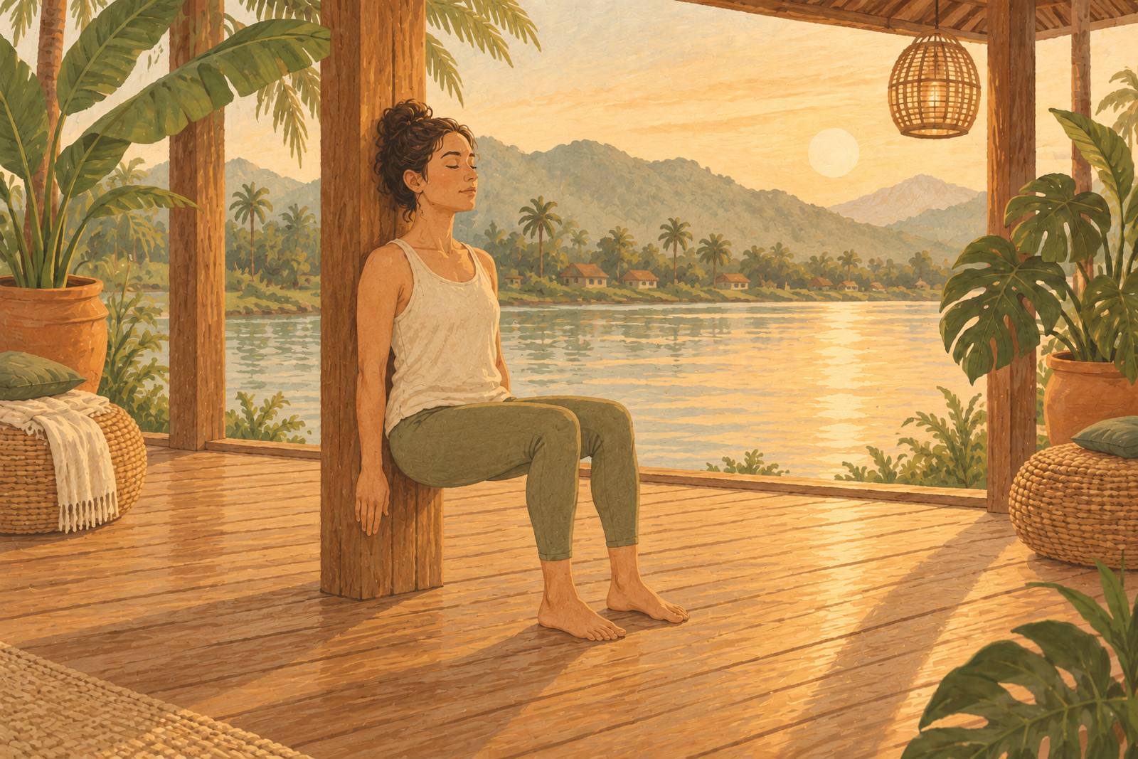 Woman doing a wall sit against a wooden pillar