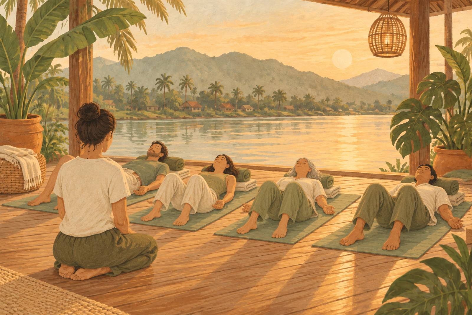 Small group lying on yoga mats in a riverside pavilion during a TRE class