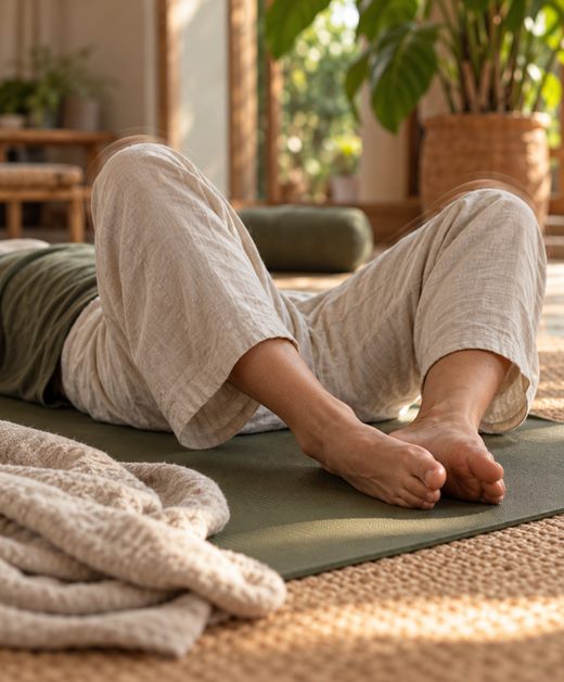 Person resting on a yoga mat in an open wooden pavilion by a river