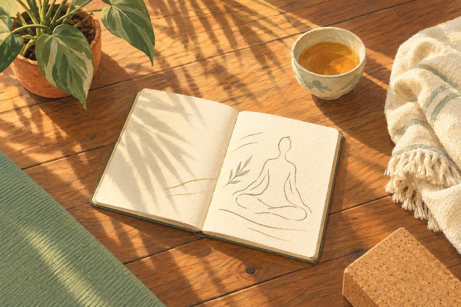 Notebook, cup of tea, folded blanket and yoga mat on a sunlit wooden floor