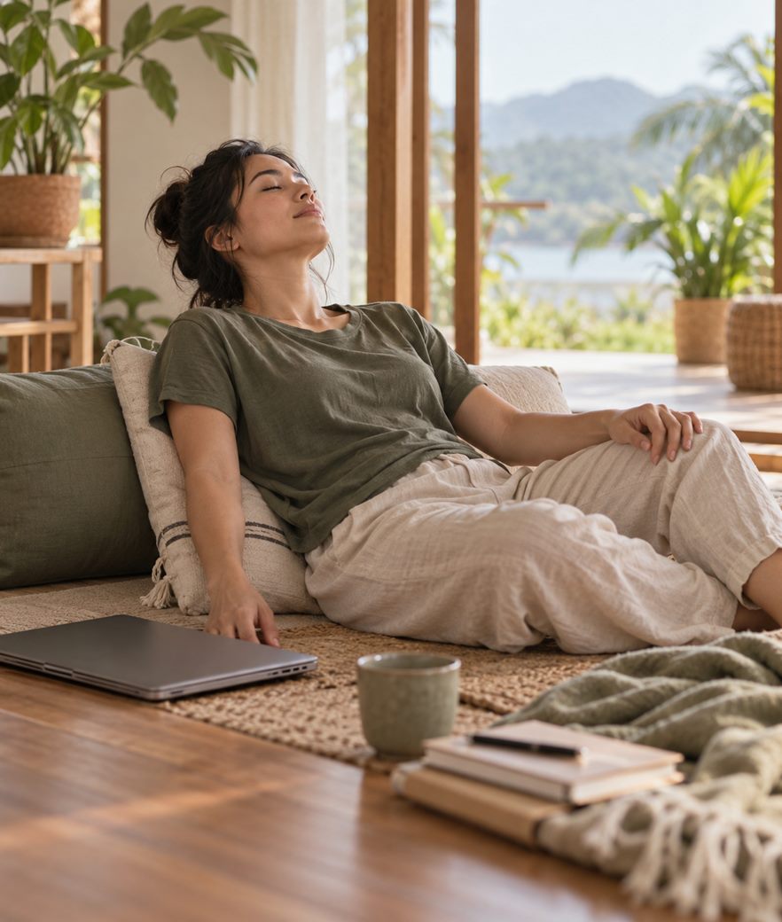 Person lying on a yoga mat releasing tension in a riverside pavilion