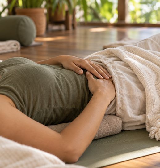 Person practising gently on a yoga mat beside the river