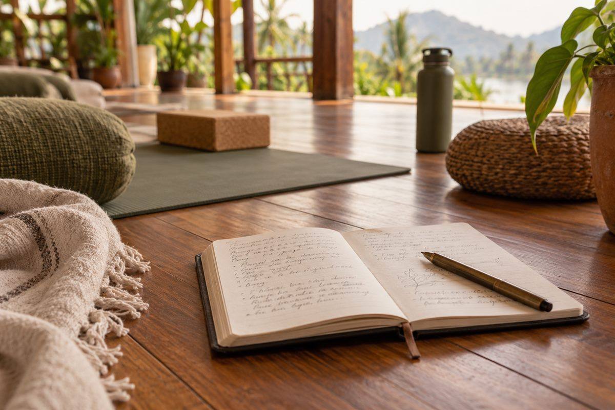 Quiet still life of practice props on a sunlit teak floor