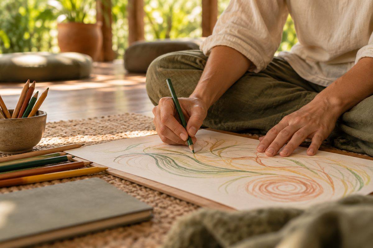 Barefoot grounding practice on a wooden pavilion floor