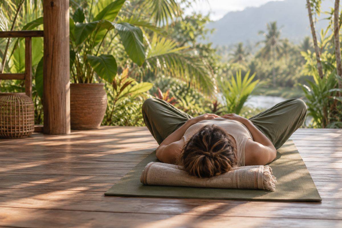 Soft golden-hour light across yoga mats in a Kampot pavilion